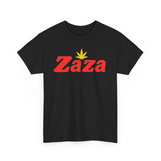 Black NJ Zaza graphic T-shirt, front view with red Zaza lettering and gold leaf.