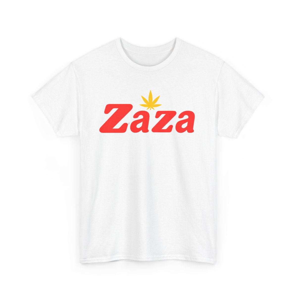 White NJ Zaza graphic T-shirt, front view with red Zaza lettering and gold leaf.