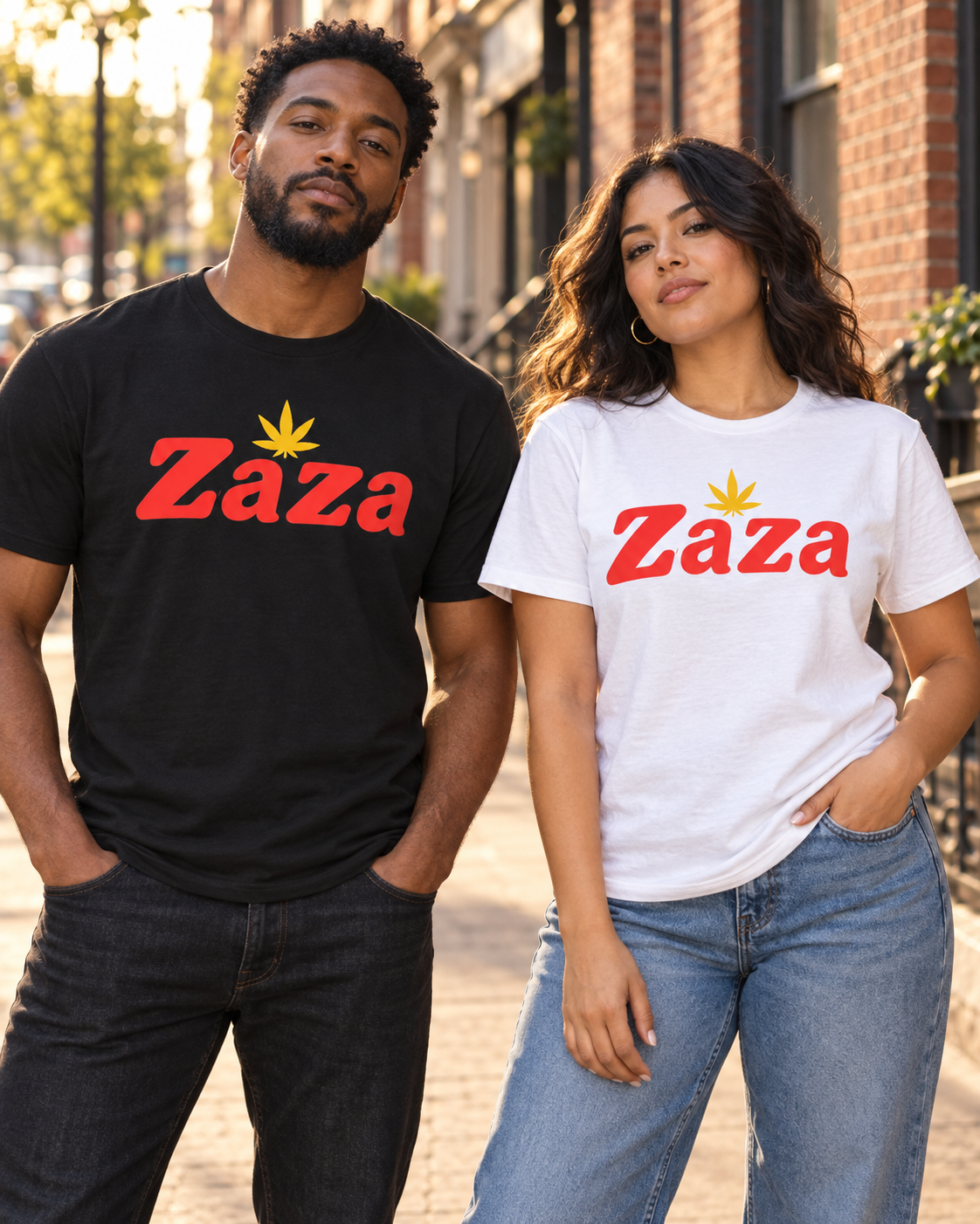 AI-generated styling illustration: black and white Zaza graphic tees on adult models; refer to product-only images for print placement.